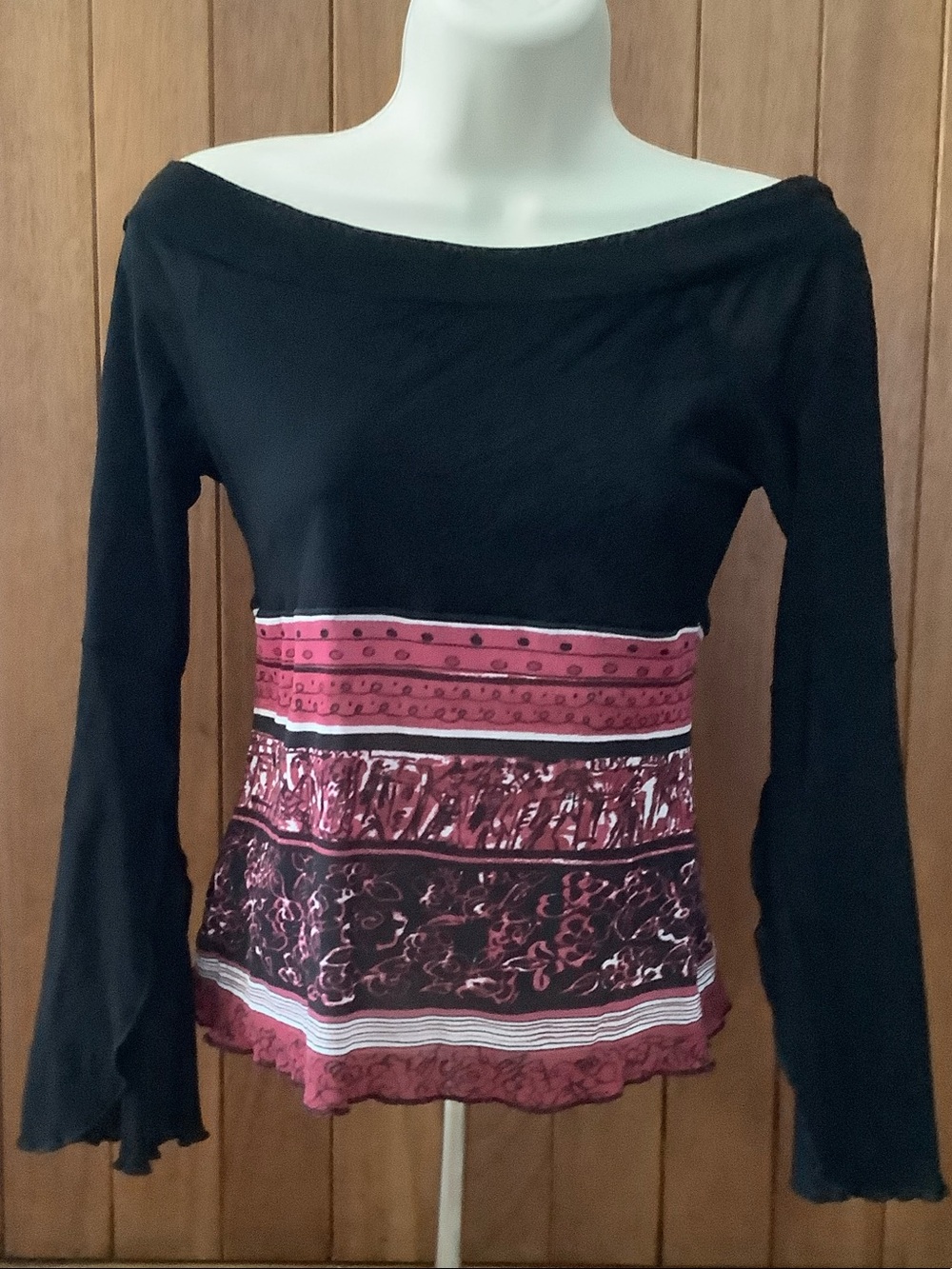 bebe Black Long-Sleeve Top with Pink Patterned Bands